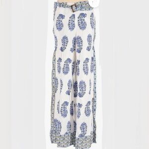 Nicole Miller Atelier Linen Blend Wide Leg Pants Blue & White Paisley Print NWT